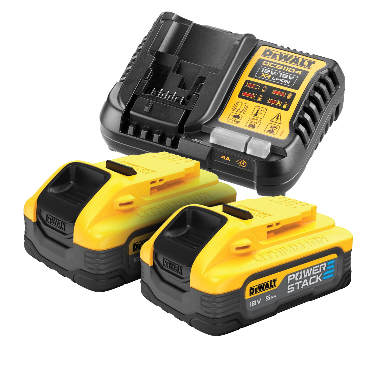 KIT de 2 batteries XR 18V POWERSTACK 5Ah + chargeur de batterie - DeWALT - DCB1104H2-QW KIT de 2 batteries XR 18V POWERSTACK 5Ah + chargeur de batterie - DeWALT - DCB1104H2-QW